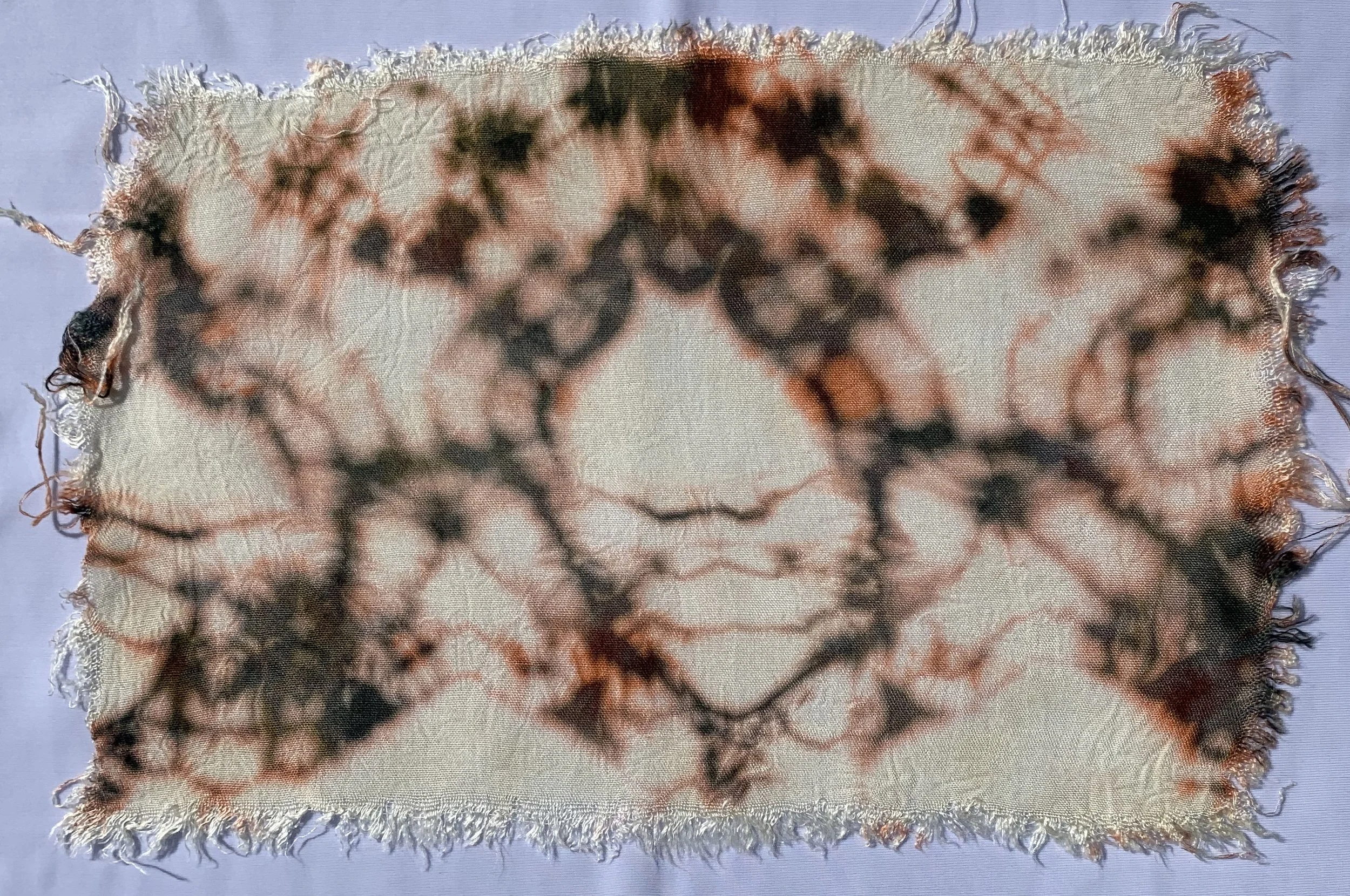 Linen sample, First dyed with MX dye then was immersed in bleach bath using a folding technique, 7"x10"