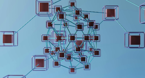 Red boxes connected to each other with blue background.