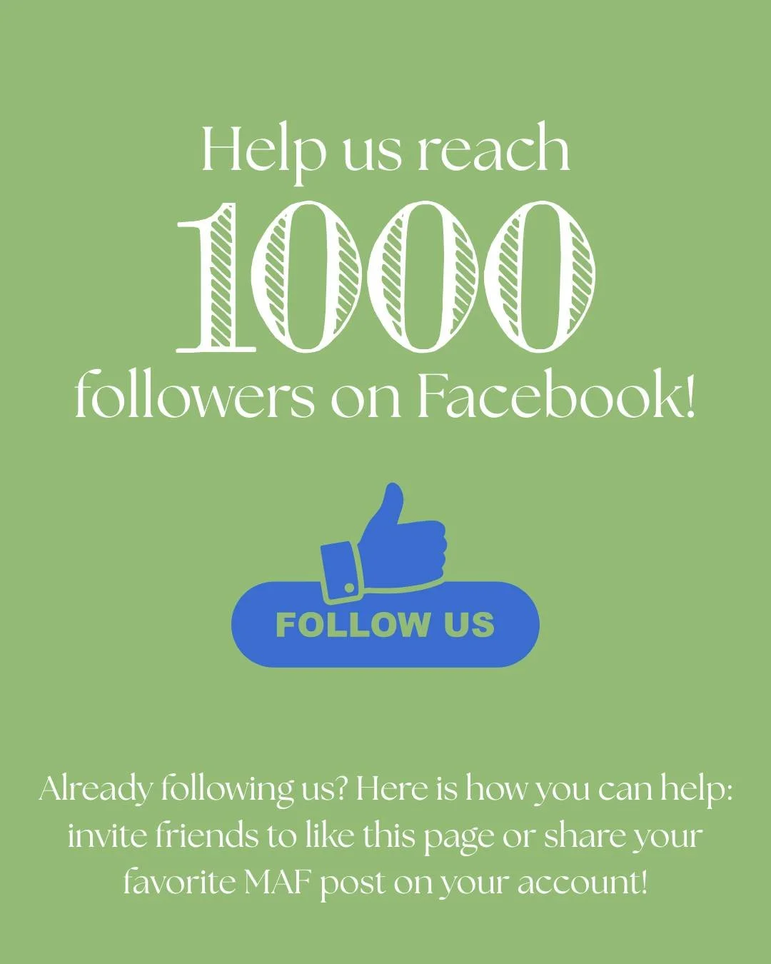We are so close to 1000 followers on Facebook. Can you help us reach that new milestone?
You can invite your friends directly to like the page or you share your favorite MAF post for them to see!