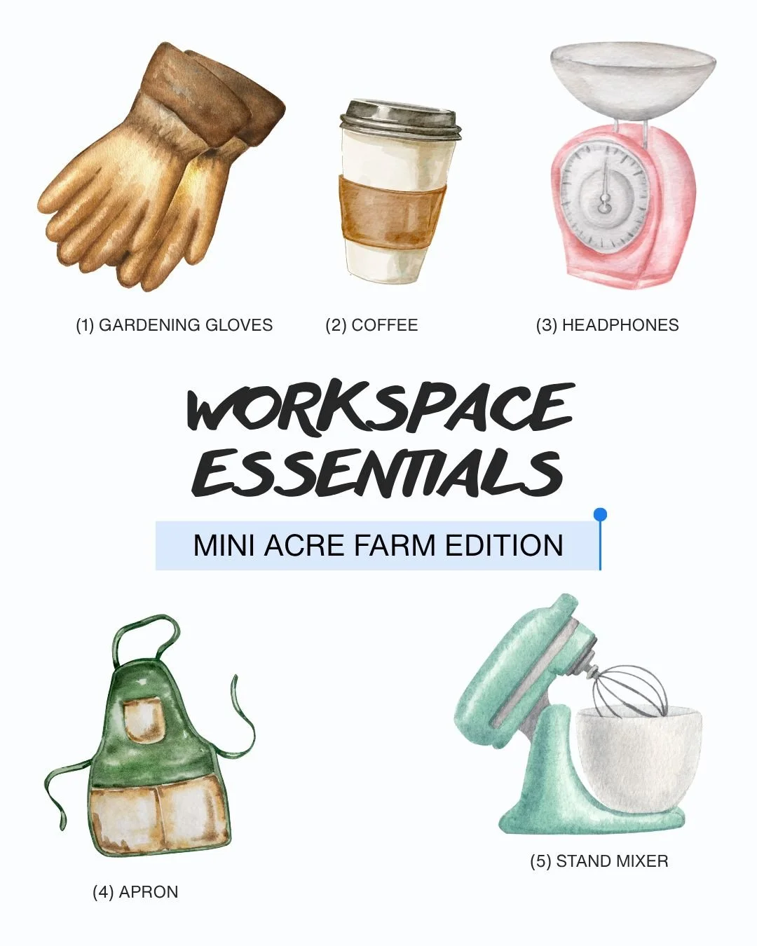 Mini Acre Farm Essentials (obviously the gloves are NOT making it into our kitchen...!) 🤪

We are BUSY so we need a wide array of things - and a large coffee to keep us going. What are some things essential in YOUR workspace?