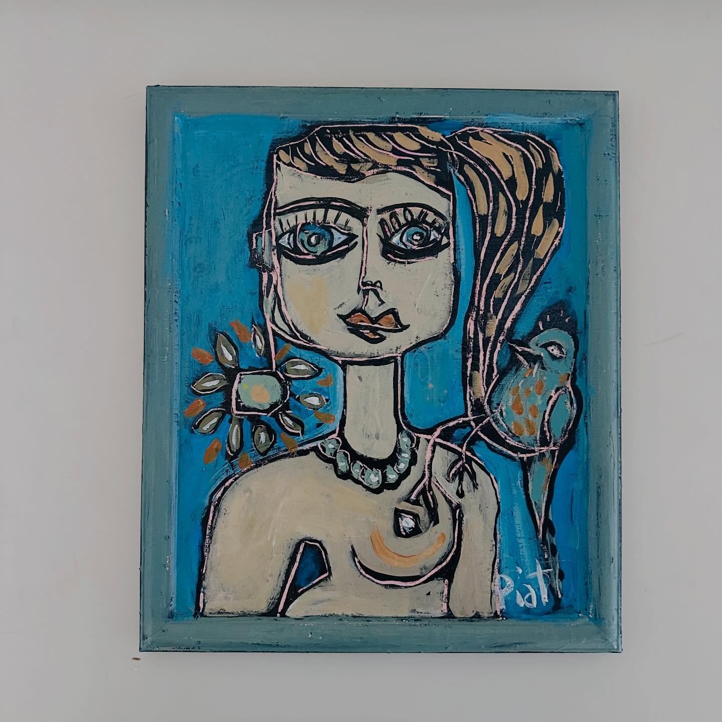 Pretty in Blue this is a smaller acrylic painting 33cm x 28cm framed ready for her new home available on my website link in bio 💙 #australianart #daniellepiat #australiangallery #abstractportrait #minipaintings