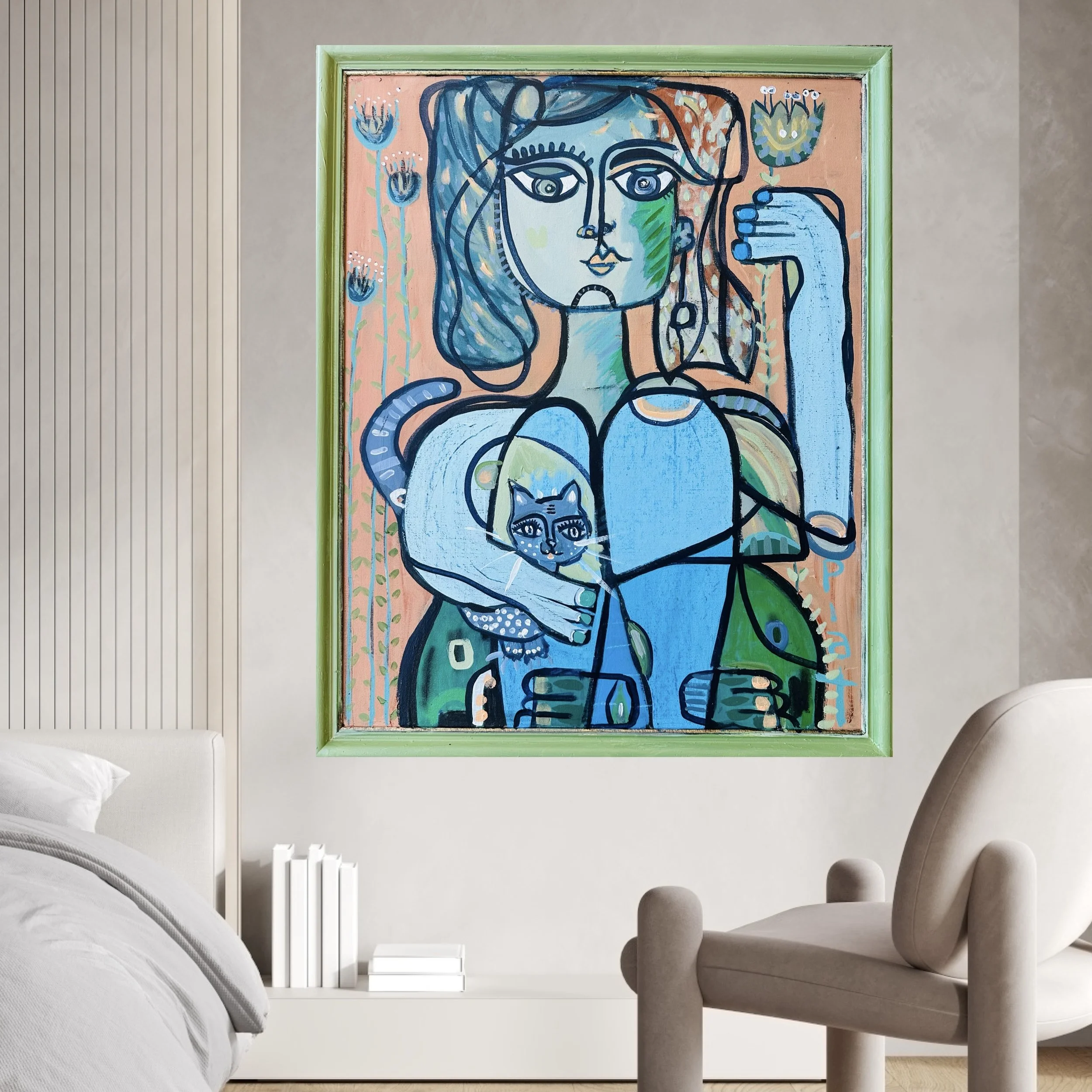 Abstract Woman with Flower and Cat Painting