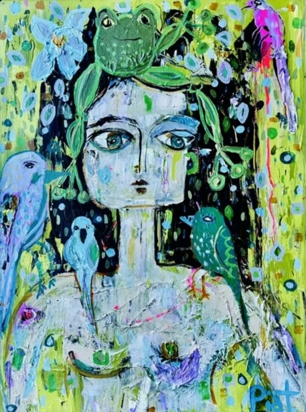 A colorful abstract painting of a woman with long dark hair, surrounded by green and yellow backgrounds. She has blue eyes and a neutral expression, with multiple birds perched on her head, shoulders, and around her. The artwork features bold, expressive brushstrokes and vibrant colors.