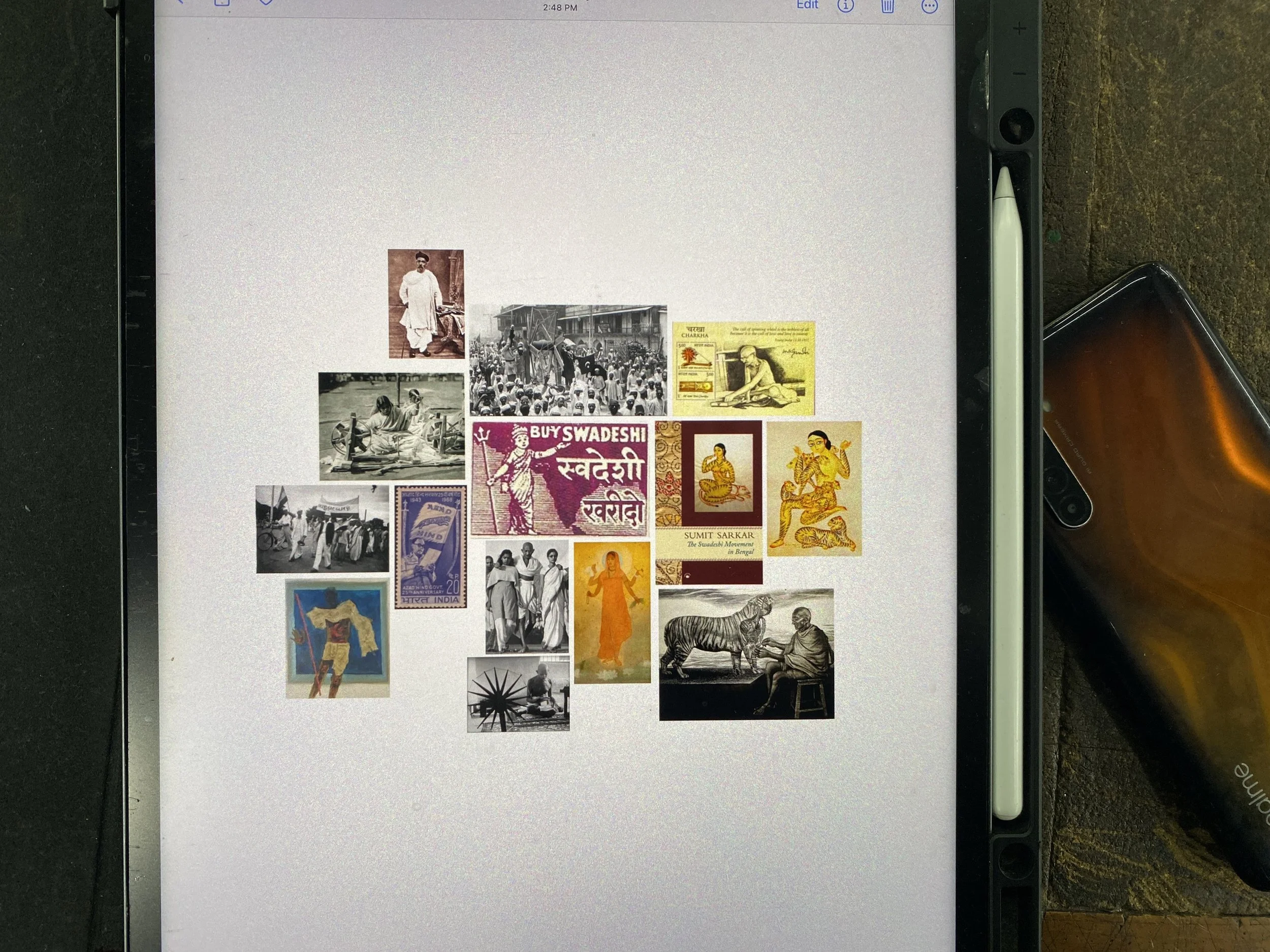  Fashion design mood board with Gandhian nationalist imagery, displayed on Upam Dudhe’s  iPad.   New Delhi, 2023. 