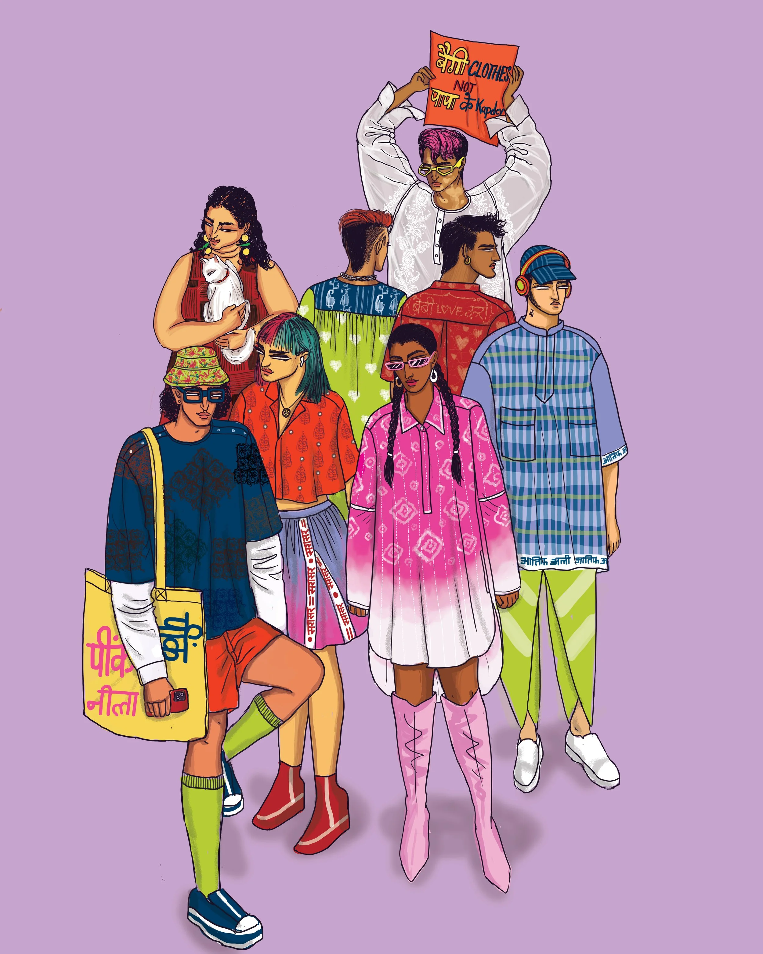  “बैगी       CLOTHES NOT पापा के KAPADEY ” [BAGGY CLOTHES NOT DADDY’S CLOTHES].   Illustration by Santanu K. Mahalik, 2023, New Delhi. Reproduced with permission of the artist. 