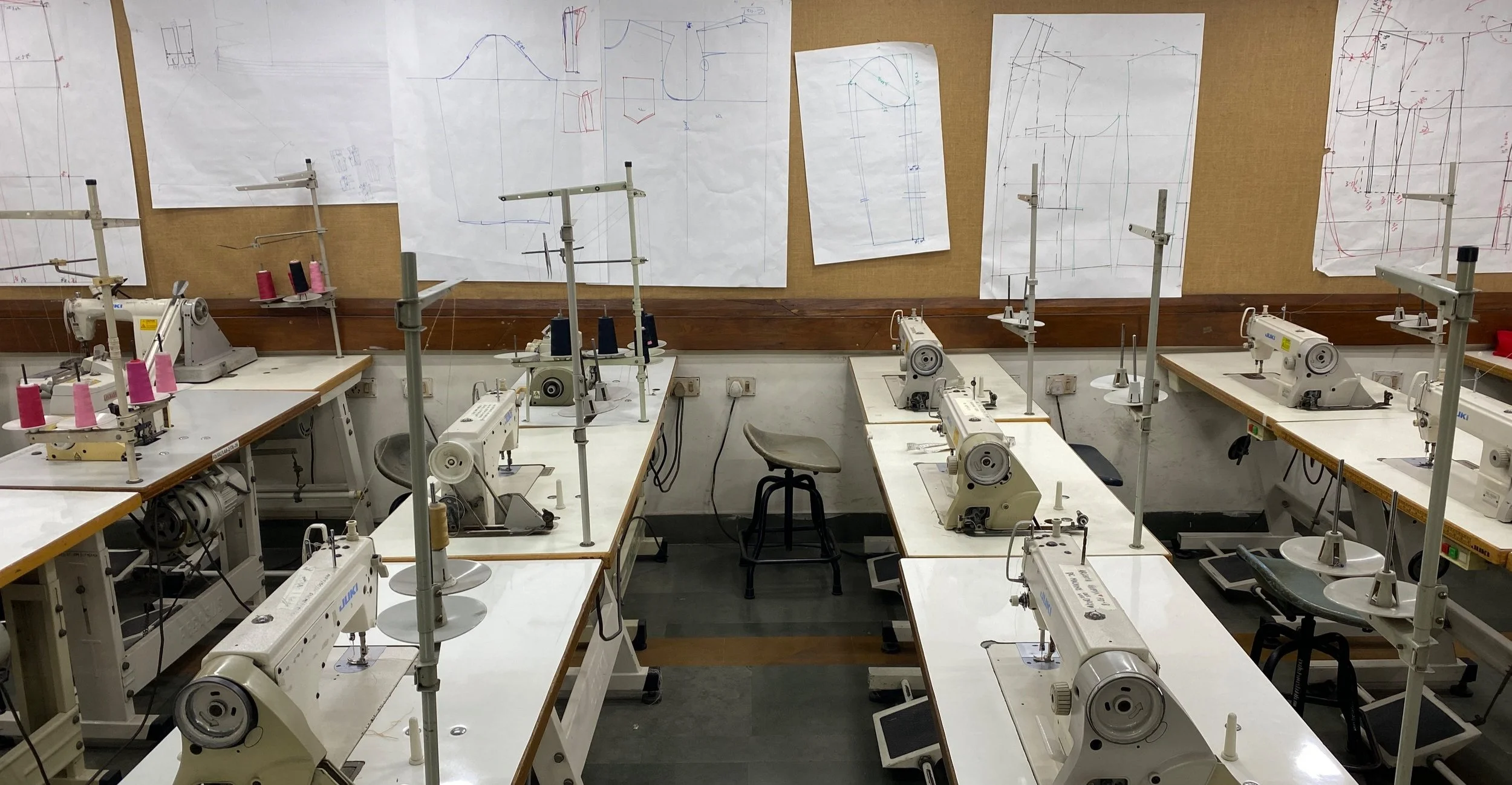  Juki sewing machines “at rest” at NIFT.   New Delhi, 2023. 