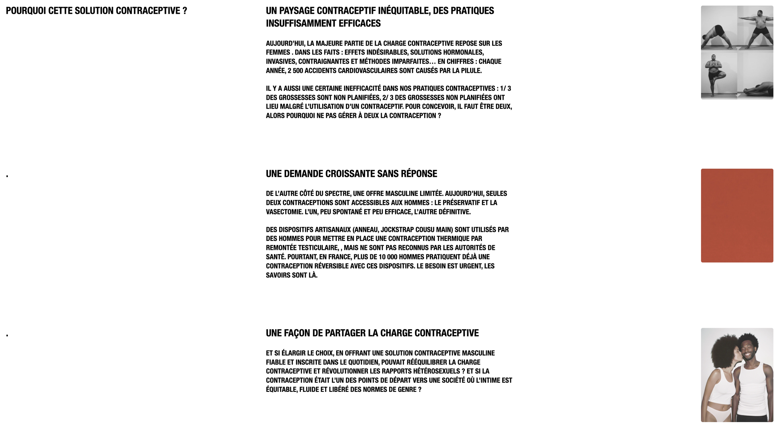 Page de texte sur la contraception et la charge contraceptive, accompagnée de photos de personnes en diverses poses de yoga ou de fitness, et une image de deux personnes afro-américaines souriantes.