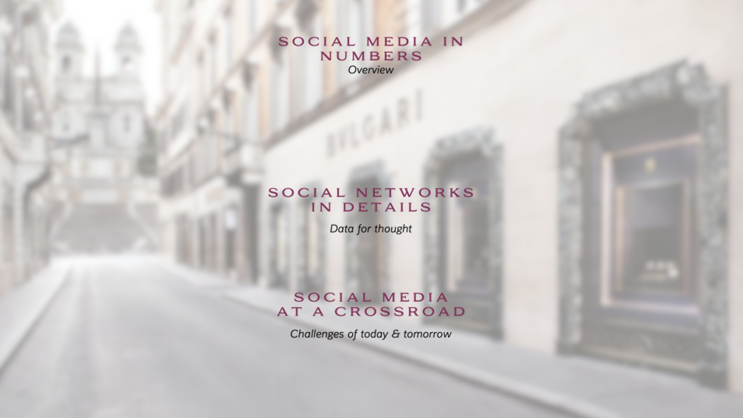Page de présentation d'une présentation sur les médias sociaux, avec le titre en anglais "Social Media in Numbers" et sous-titres "Overview", "Social Networks in Details", "Data for thought", et "Social Media at a Crossroad", avec un fond flou d'une rue urbaine en hiver.
