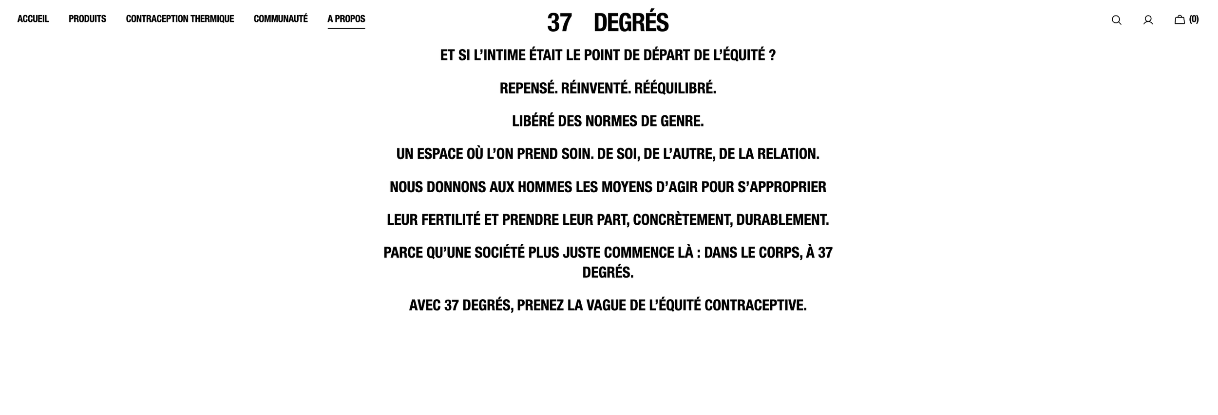 Page d'un site web avec un menu en haut, texte en français sur l'égalité et la contraception, et le titre '37 Degrés'
