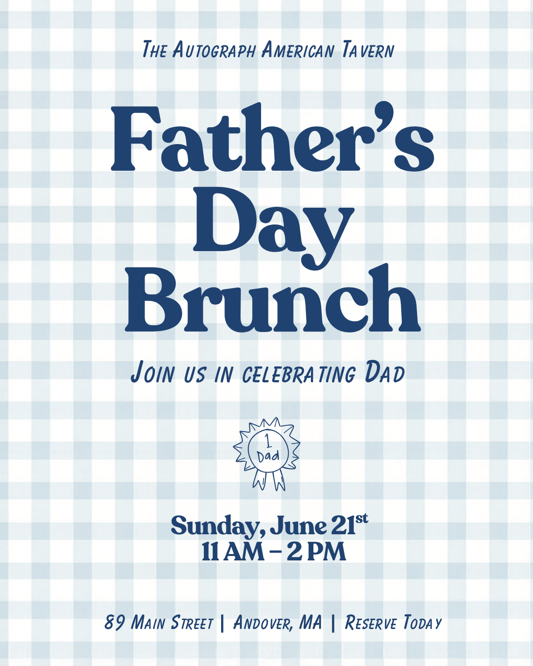 Luxury brunch invitation design highlighting Father’s Day brunch service from 11 AM to 2 PM at 89 Main Street in Andover, Massachusetts