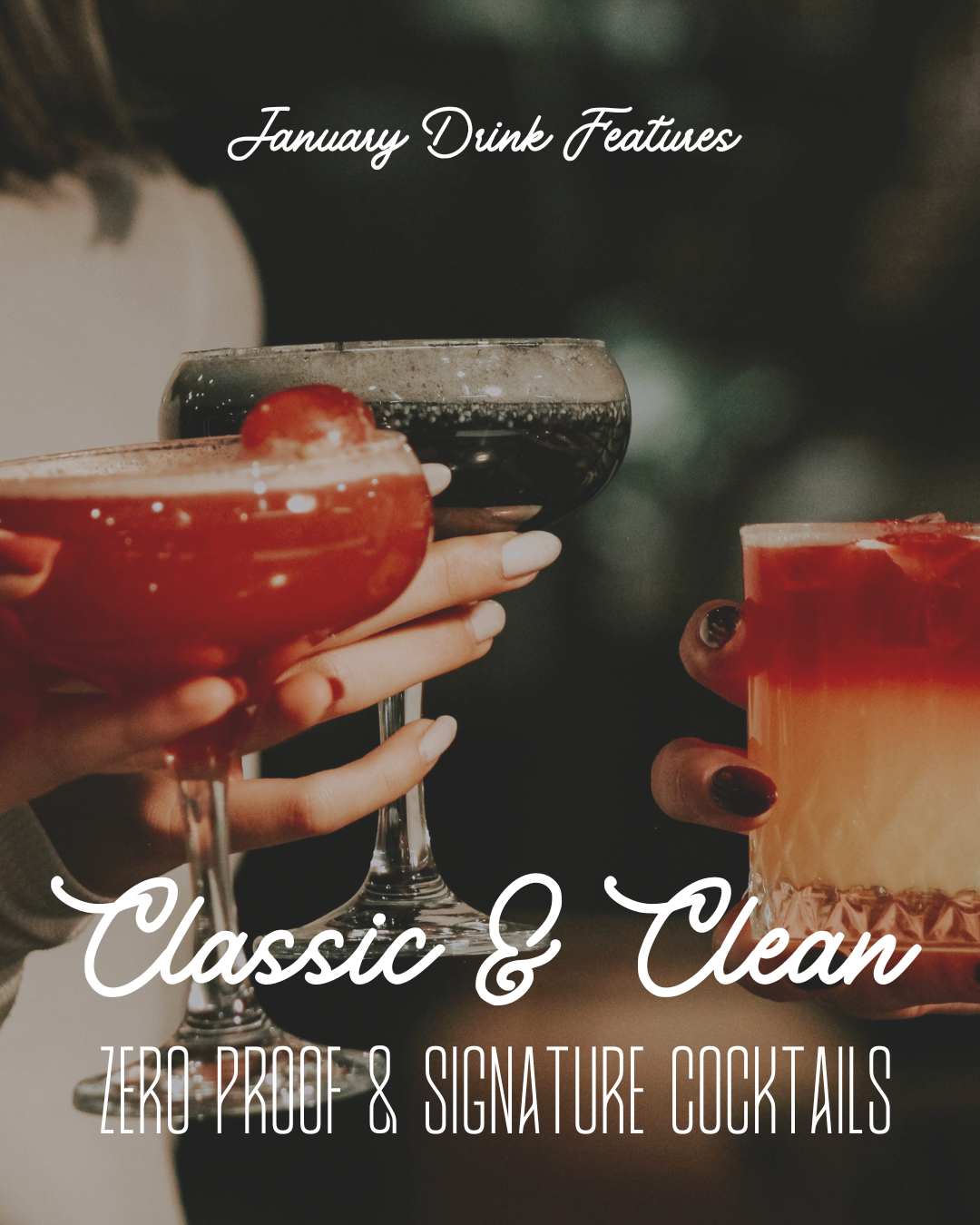 January drink features showcasing zero-proof cocktails and seasonal winter beverages for Dry January