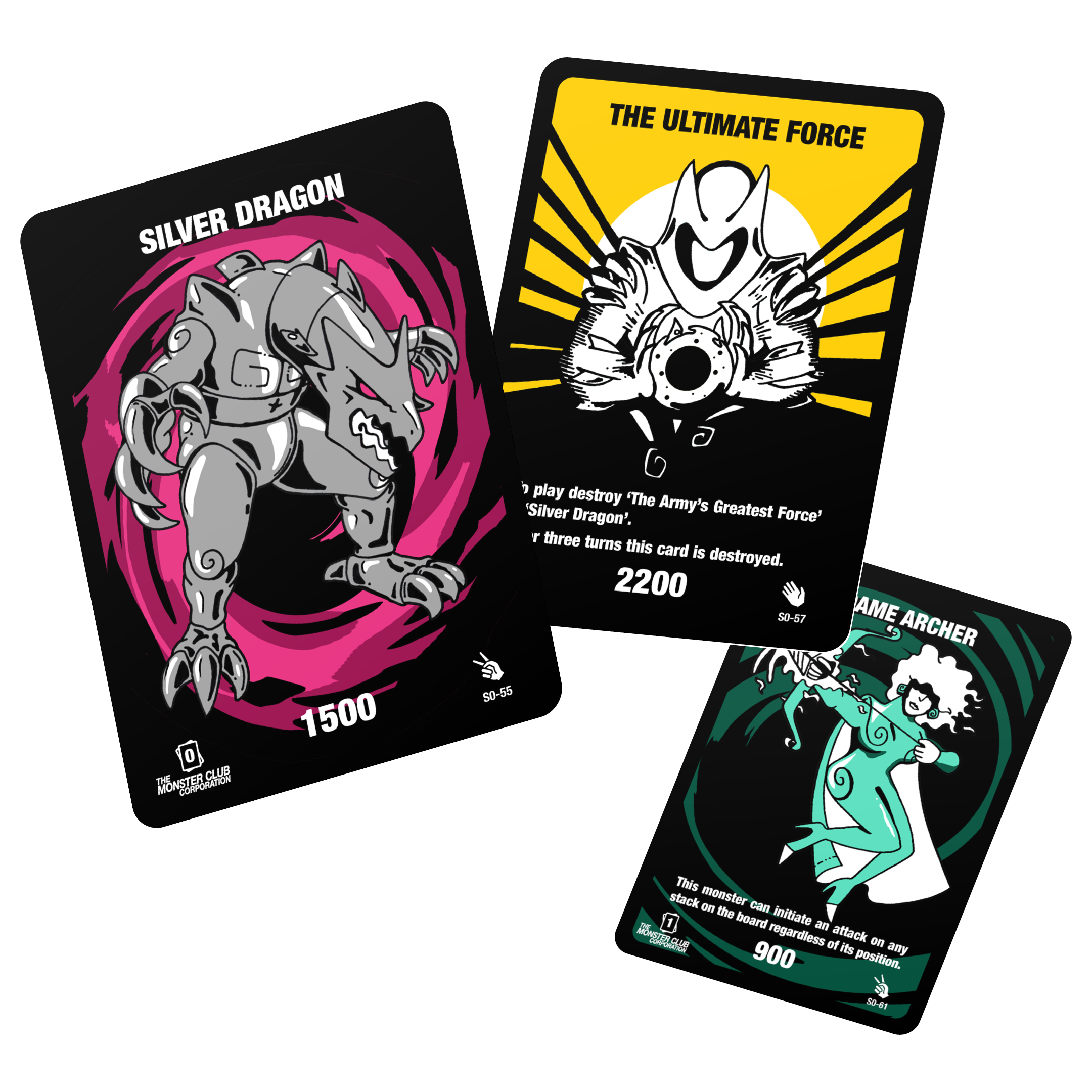 Three Monster Club cards displaying Silver Dragon, The Ultimate Force and Dame Archer.