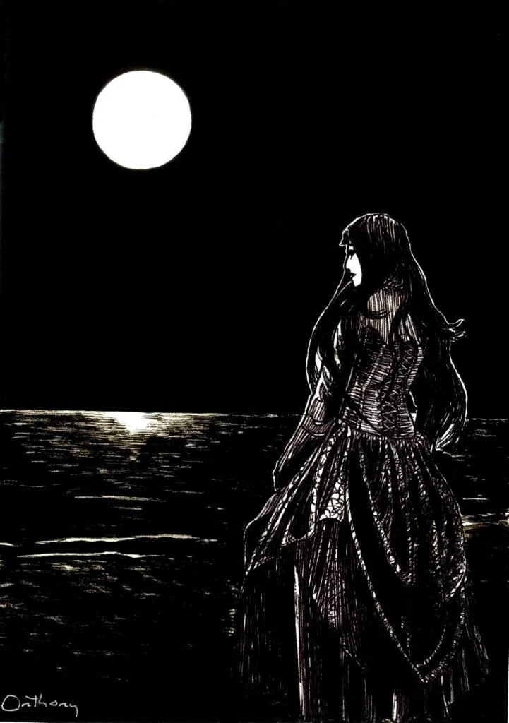 Gothic girl looking at moonlit sea