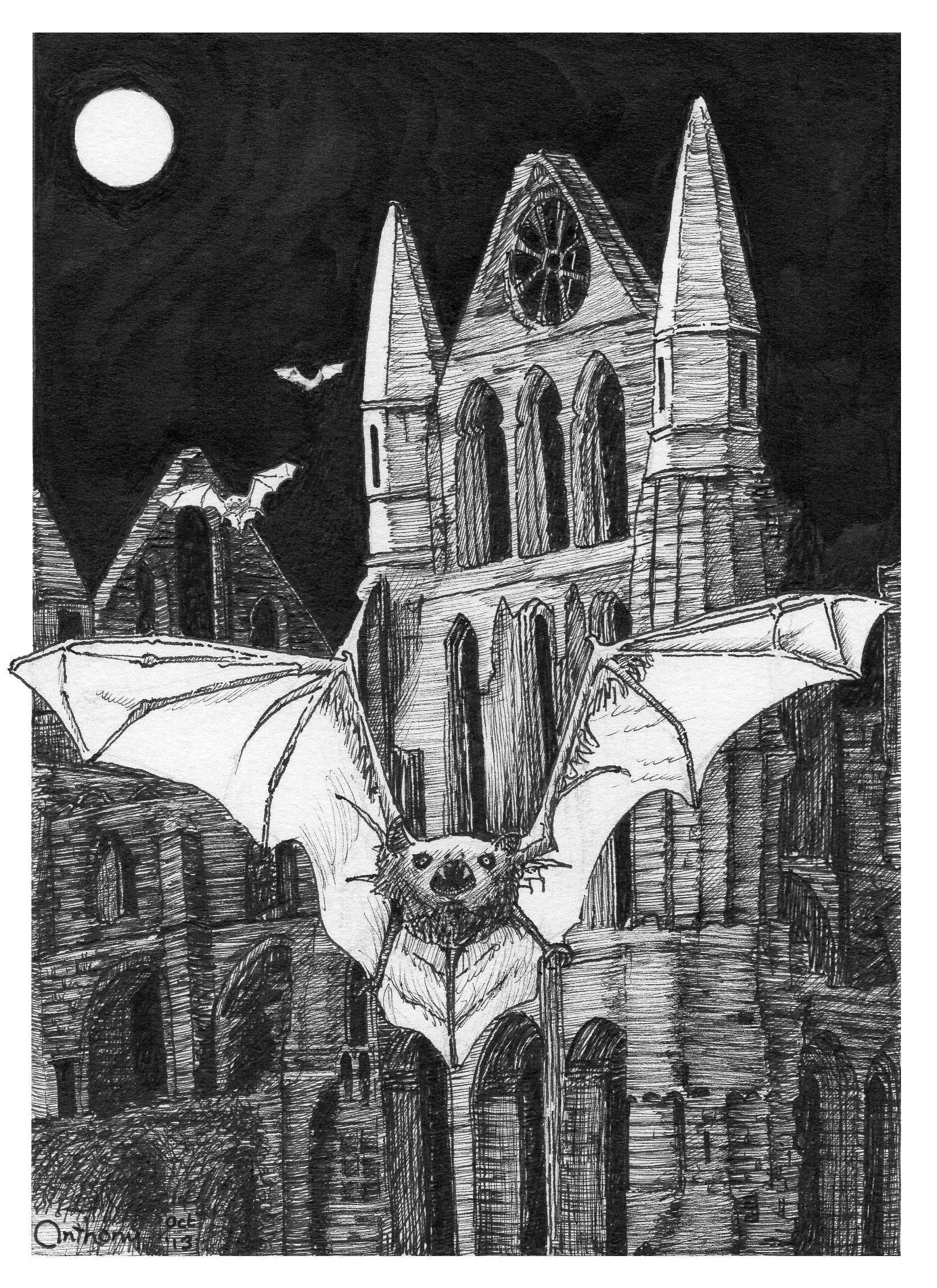 giant bat with Gothic abbey in background