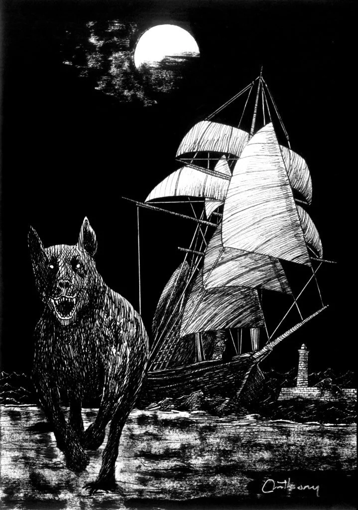 fierce dog on stormy beach with sailing ship in background