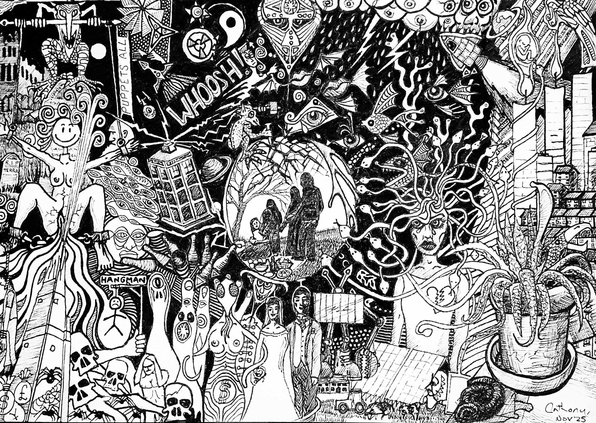 surreal art with TARDIS, medusa and woman in chains