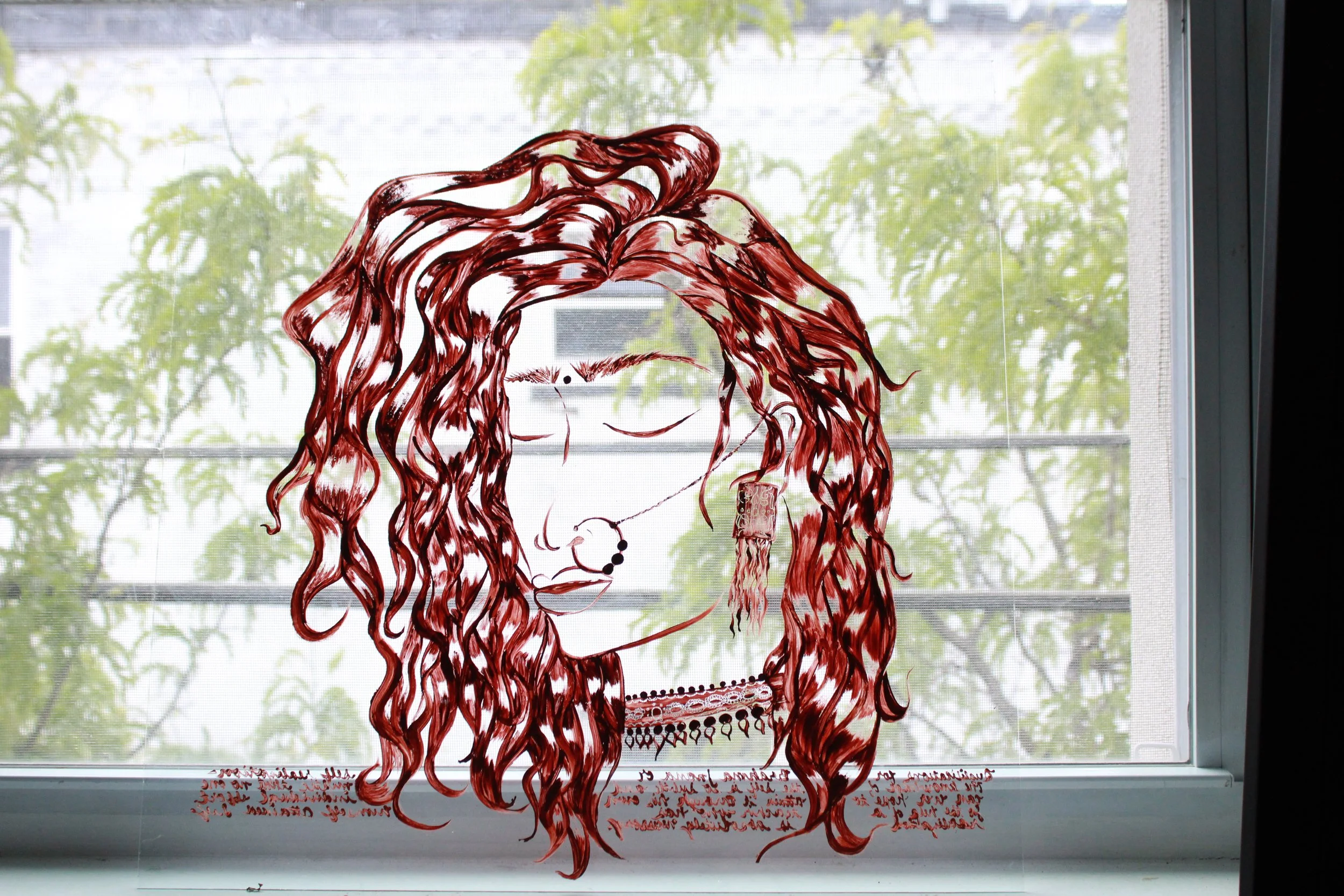 THANGAM THOUGHTS, the first of the collection, was made for auction at the eli whitney museum in a leonardo davinci exhibit. it features acrylics mixed with an iridescent medium atop glass in a thrifted wooden frame. 

the piece incorporates the leon