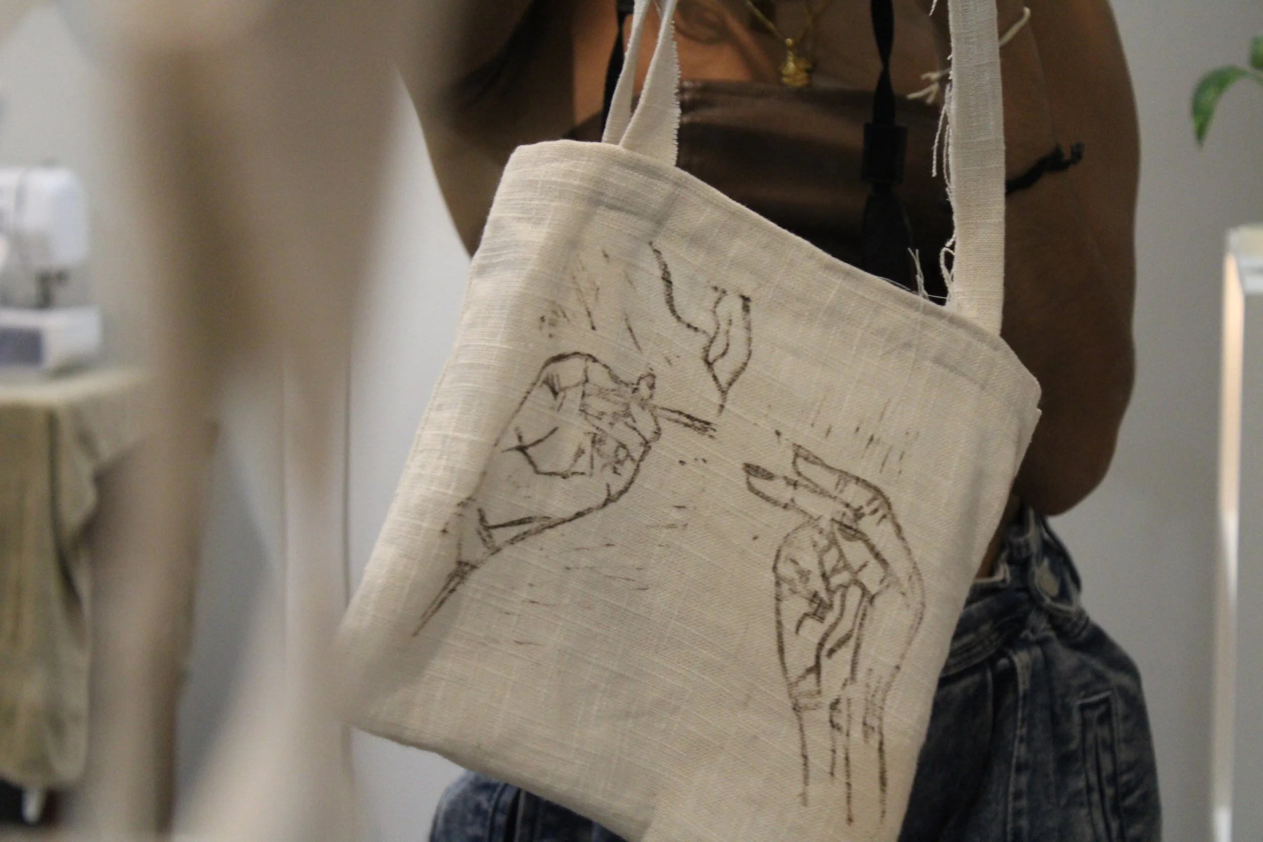 PASS IT. Original PASS IT design carved from linoleum and stamped onto a hand-made linen bag.