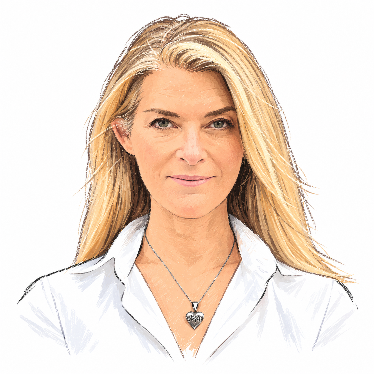 A portrait of a woman with long blonde hair, wearing a white shirt and a necklace with a heart-shaped pendant.