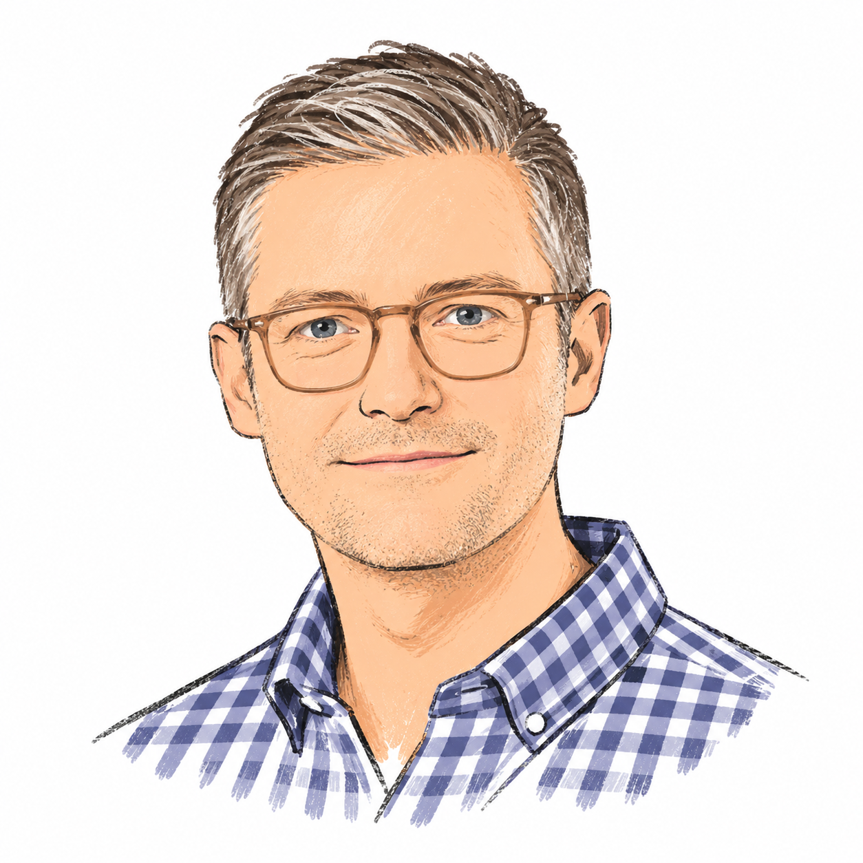 Illustration of a man with glasses and gray hair wearing a blue checkered shirt.