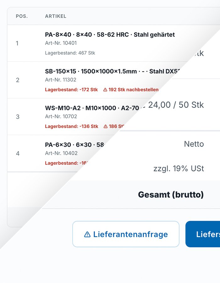 Screenshot einer Einkaufsliste mit Artikelnummern, Bezeichnungen, Lagerbestand, Preisen und Bestellhinweisen in deutscher Sprache.