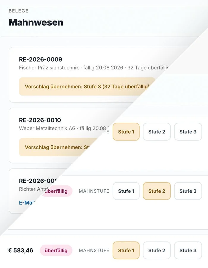 Digitales Dokument mit Auflistungen zu Mahnwesen, inklusive Fristen, Stufen und Fälligkeitsdaten, teilweise hervorgehoben mit Farben für Überfälligkeit und Mahnstufen.
