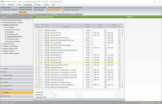 Screenshot einer Finanz- oder Buchhaltungssoftware mit Tabellen, die verschiedene Steuer- und Abrechnungsdetails anzeigen.