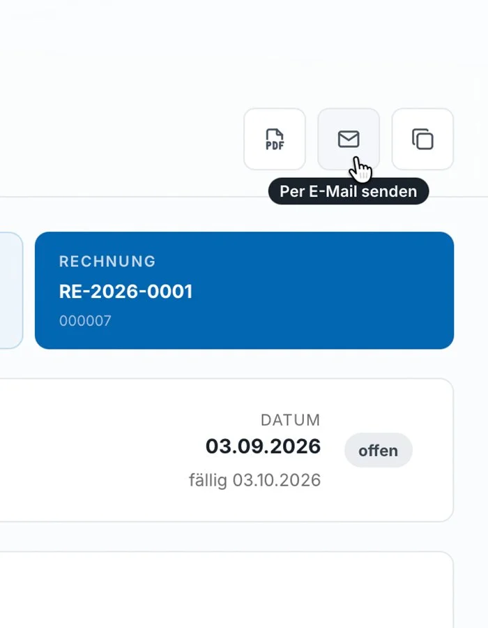 Digitale Rechnung mit Datum 03.09.2026, Option zum Senden per E-Mail, PDF-Download, E-Mail-Symbol, Kopiersymbol.
