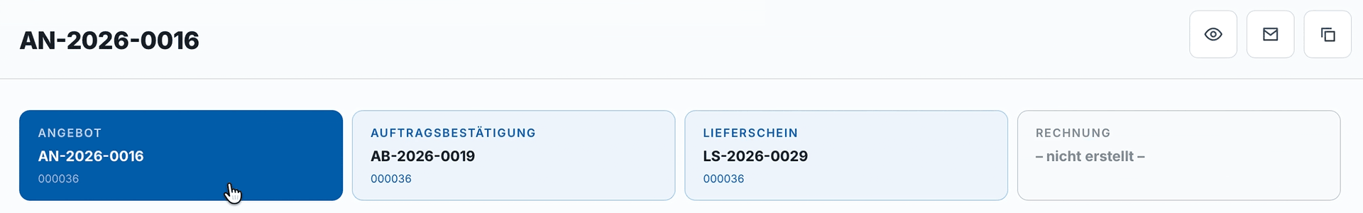 Tabellenansicht mit verschiedenen Dokumenten, darunter Angebot, Auftragsbestätigung, Lieferschein und Rechnung. Das Angebot ist hervorgehoben.