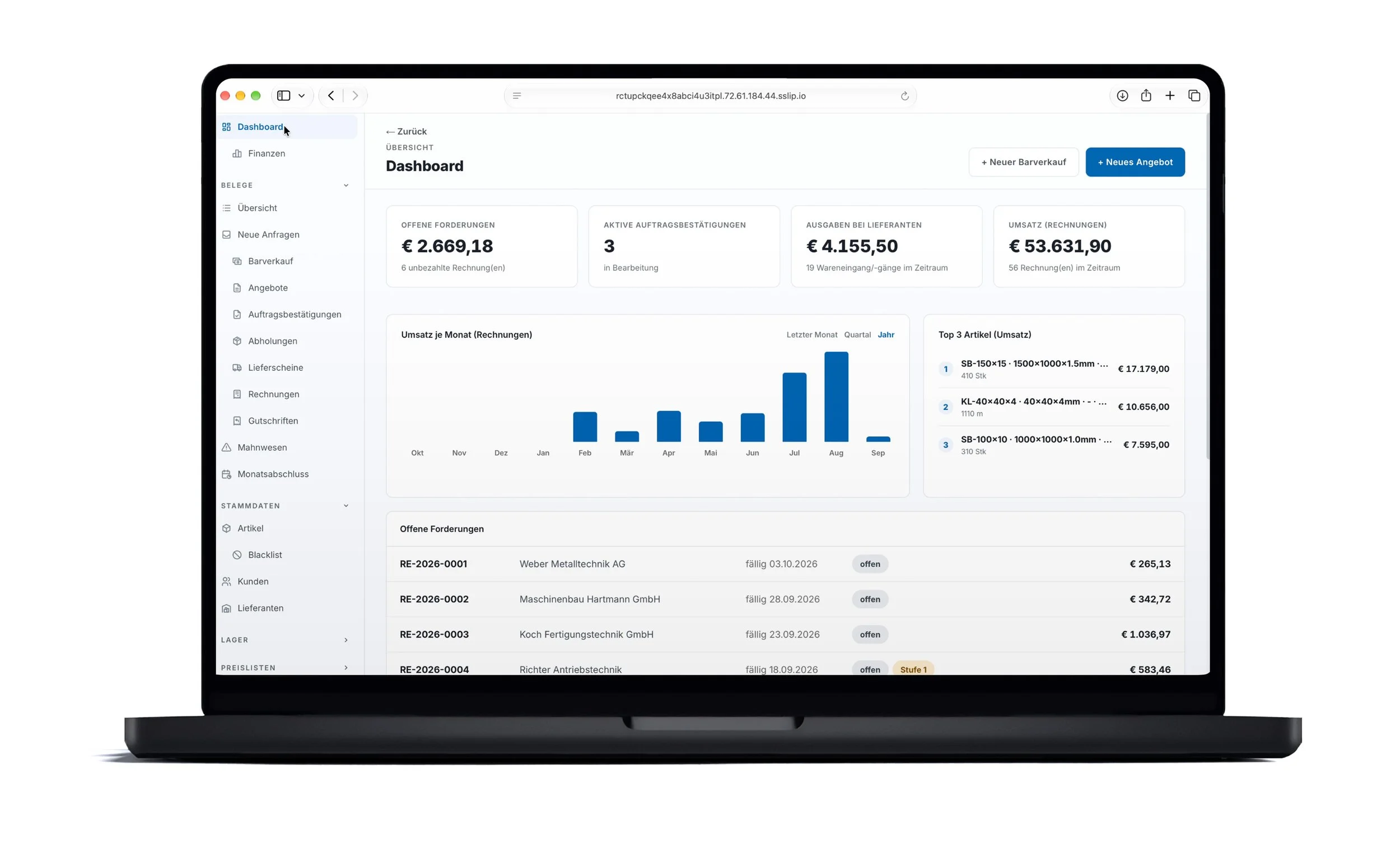 Der Bildschirm zeigt ein Dashboard einer Finanzsoftware mit Übersichten zu offenen Forderungen, aktiven Auftragbestätigungen, Ausgaben bei Lieferanten und Umsatz im Jahr. Es sind Diagramme, Listen und Navigationsmenüs sichtbar.