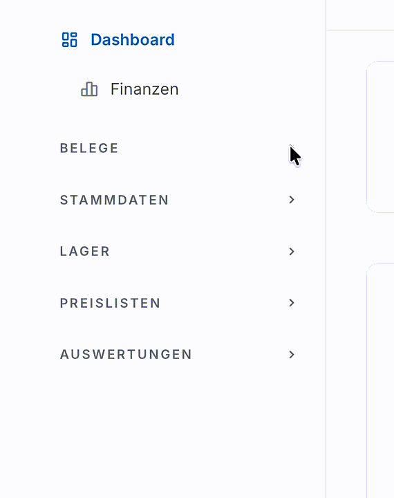 Screenshot eines digitalen Dashboards mit Menüeinträgen in deutscher Sprache, darunter Finanzdaten, Belege, Stammdaten, Lager, Preislisten und Auswertungen.
