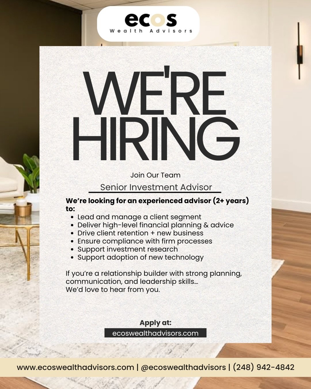 We&rsquo;re Hiring for 2026!

Ecos Wealth Advisors is expanding and looking to add three new roles to our growing team:

&bull; Senior Investment Advisor (2+ years experience)
&bull; Associate Investment Advisor (Entry-Level, Series 65 required)
&bul