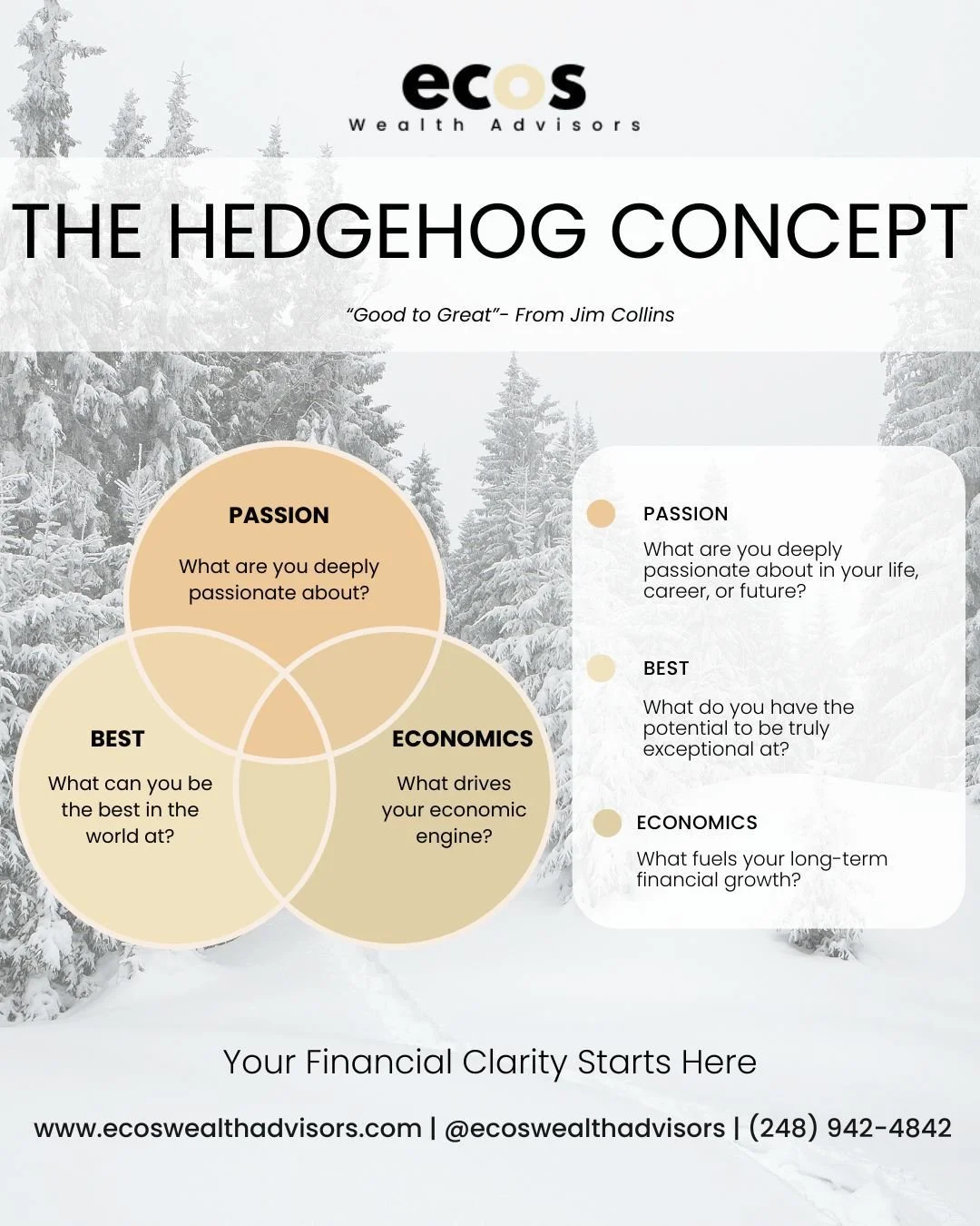 Ever feel unsure about what direction to take&mdash;financially or even personally?
Jim Collins&rsquo; Hedgehog Concept is one of the simplest, most powerful tools we use in meetings to help you get clear.

We walk you through three questions:
✨ What