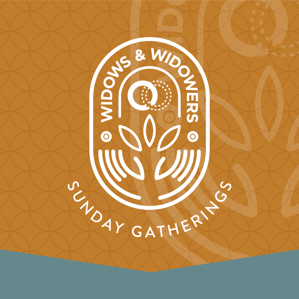 Logo for Windows & Widowers Sunday Gathering, featuring a stylized oval with four leaves and circles, with orange patterned background.