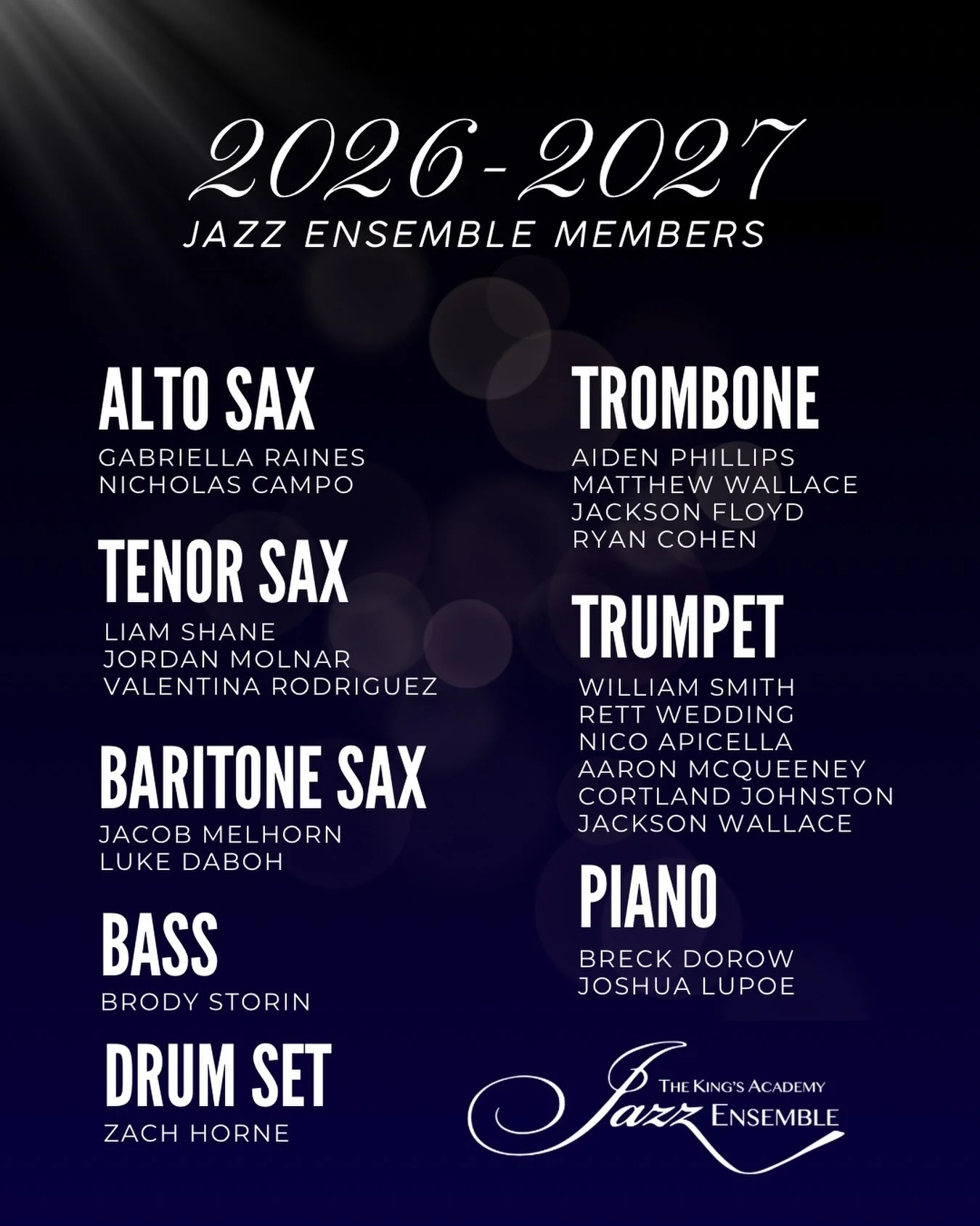 Please join us in congratulating our 2026&ndash;2027 TKA Jazz Ensemble.

A new season begins, and we are excited to see these musicians continue the tradition of excellence.

Congratulations to all of our members.

#TKAJazz #UnmatchedExperiences