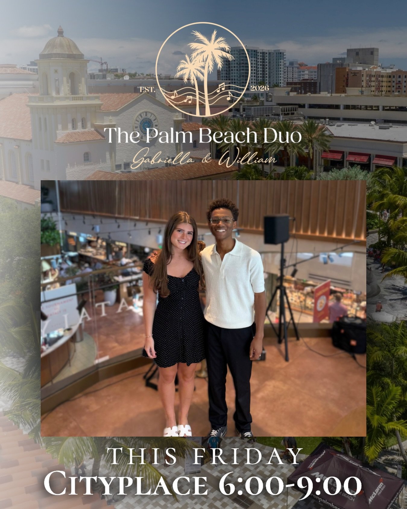 The Palm Beach Duo returns to CityPlace this Friday.

Join William and Gabriella from 6&ndash;9 PM for an evening of live music under the lights.

Free and open to the community.

#ThePalmBeachDuo #WilliamAndGabriella #CityPlace #TkaJazz