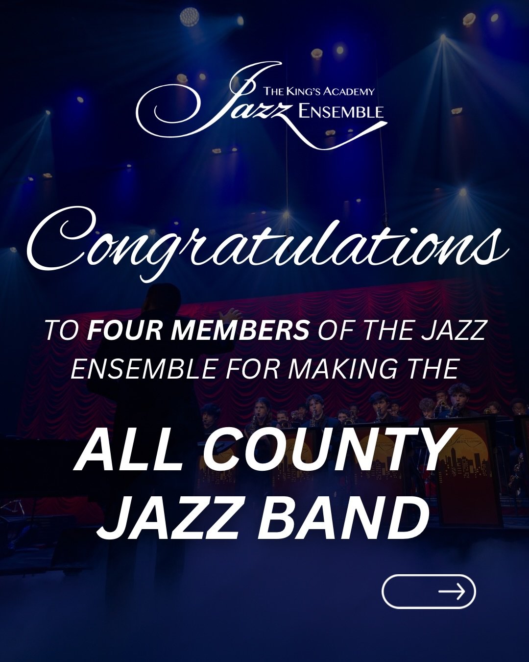 Excellence beyond the stage!

We are incredibly proud to congratulate our TKA Jazz musicians on being selected for the All-County Jazz Band!

Aiden Phillips - Trombone
Brody Storin - Bass
Gabriella Raines - Alto Sax
Liam Shane - Tenor Sax

This speci
