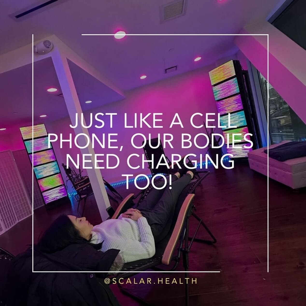 Just like a cell phone, our bodies need charging too! To use your phone it must remain charged, our bodies also need a charge of 70-90 millivolts to maintain optimal health. Get your charge at Scalar. Health.