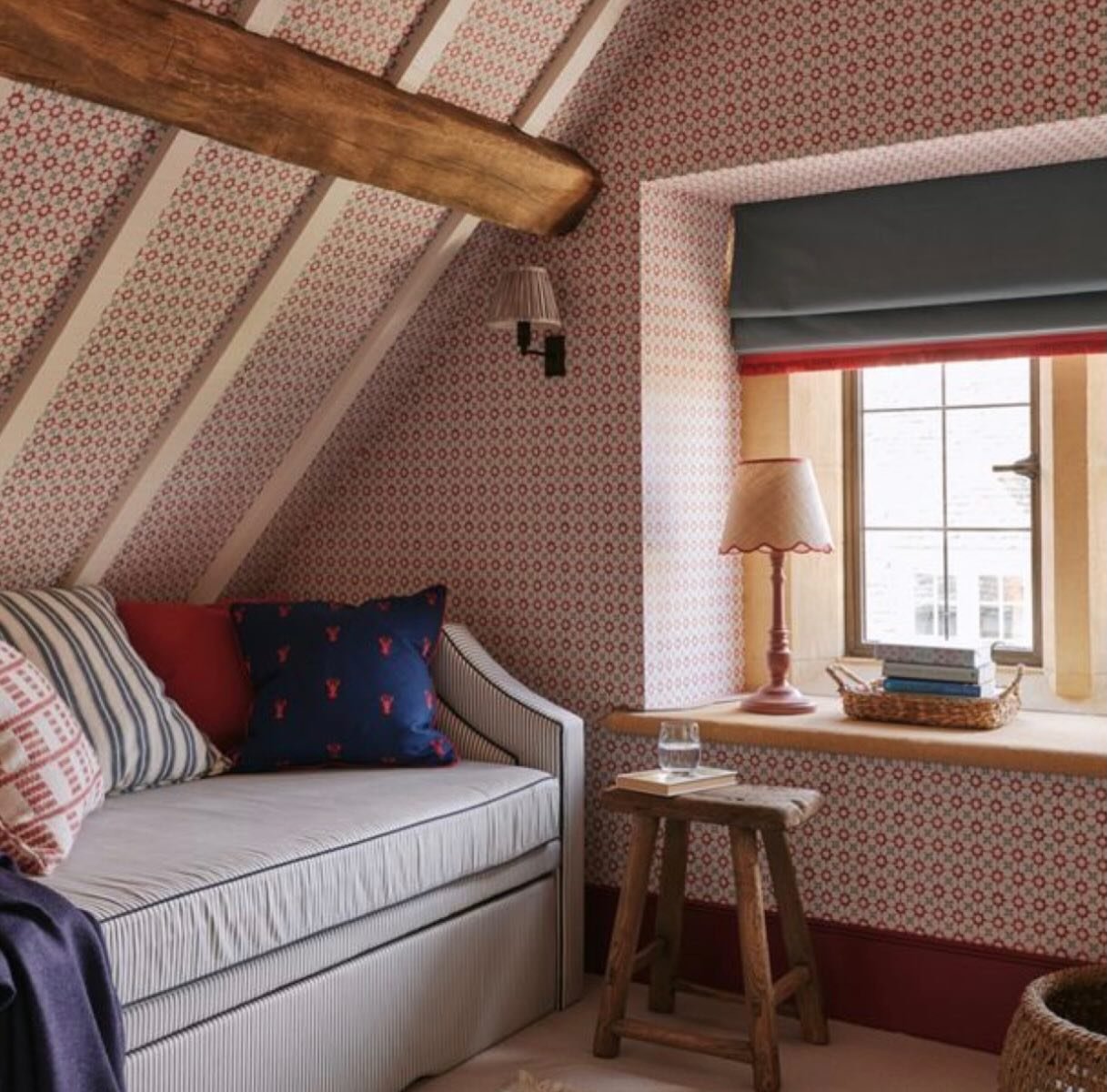 When vaulted ceilings meet wallpaper it creates magic. A calm and cosy space bursting with colour and pattern. The perfect way to make a small space beautiful.