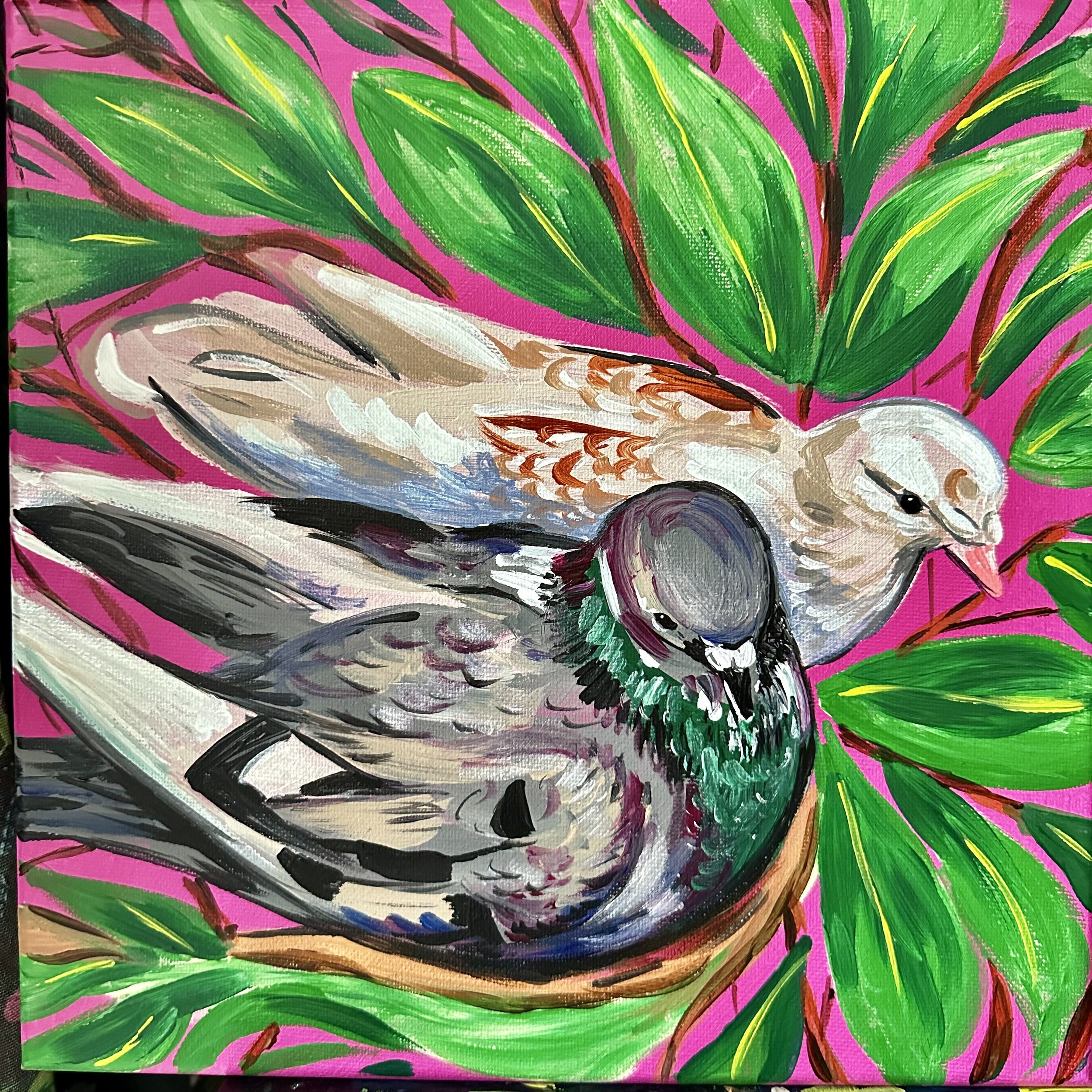 Lucy Caddel bright colourful acrylic pet portrait two pigeons tropical foliage.jpeg