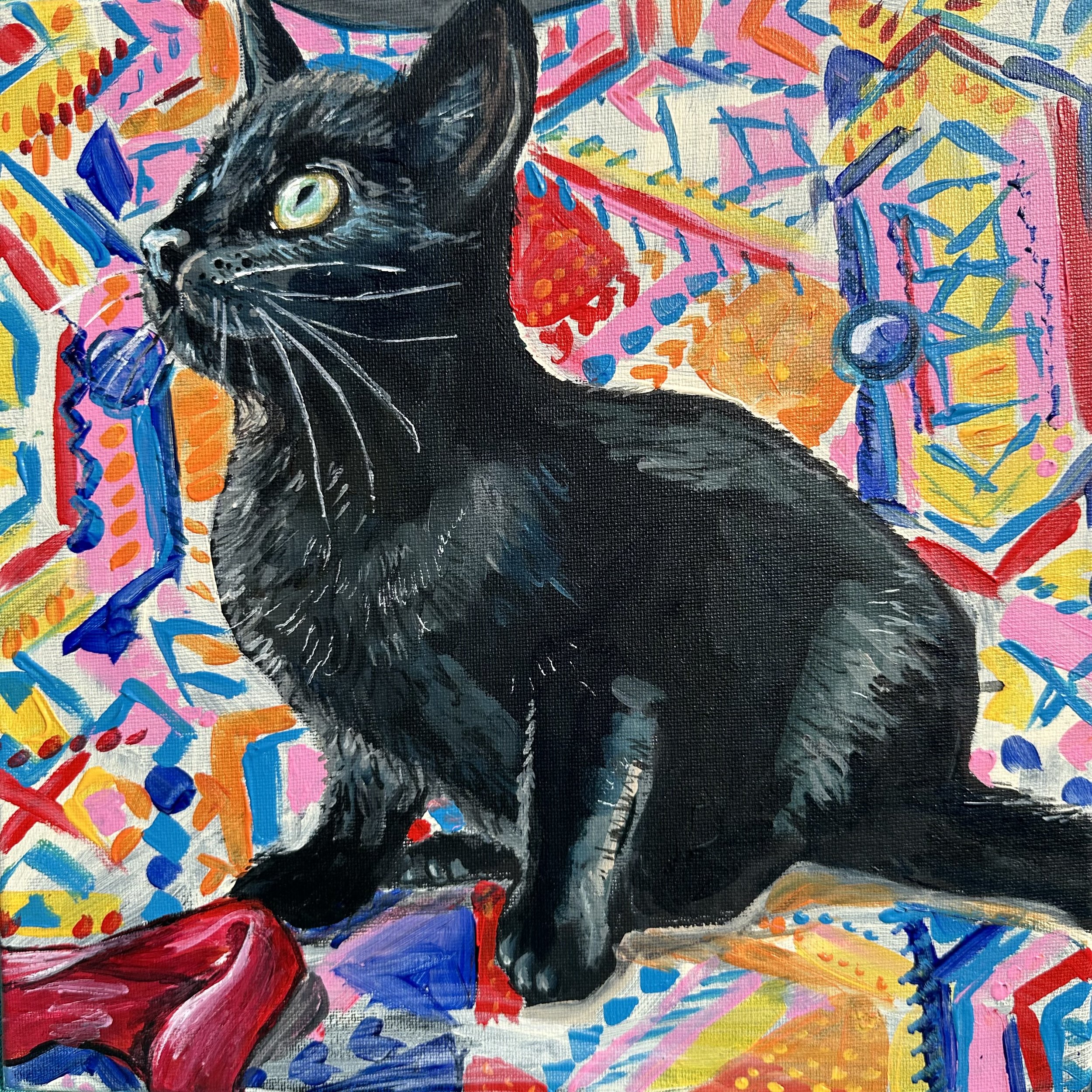 black cat on bright patterned chair art Lucy Caddel.jpeg