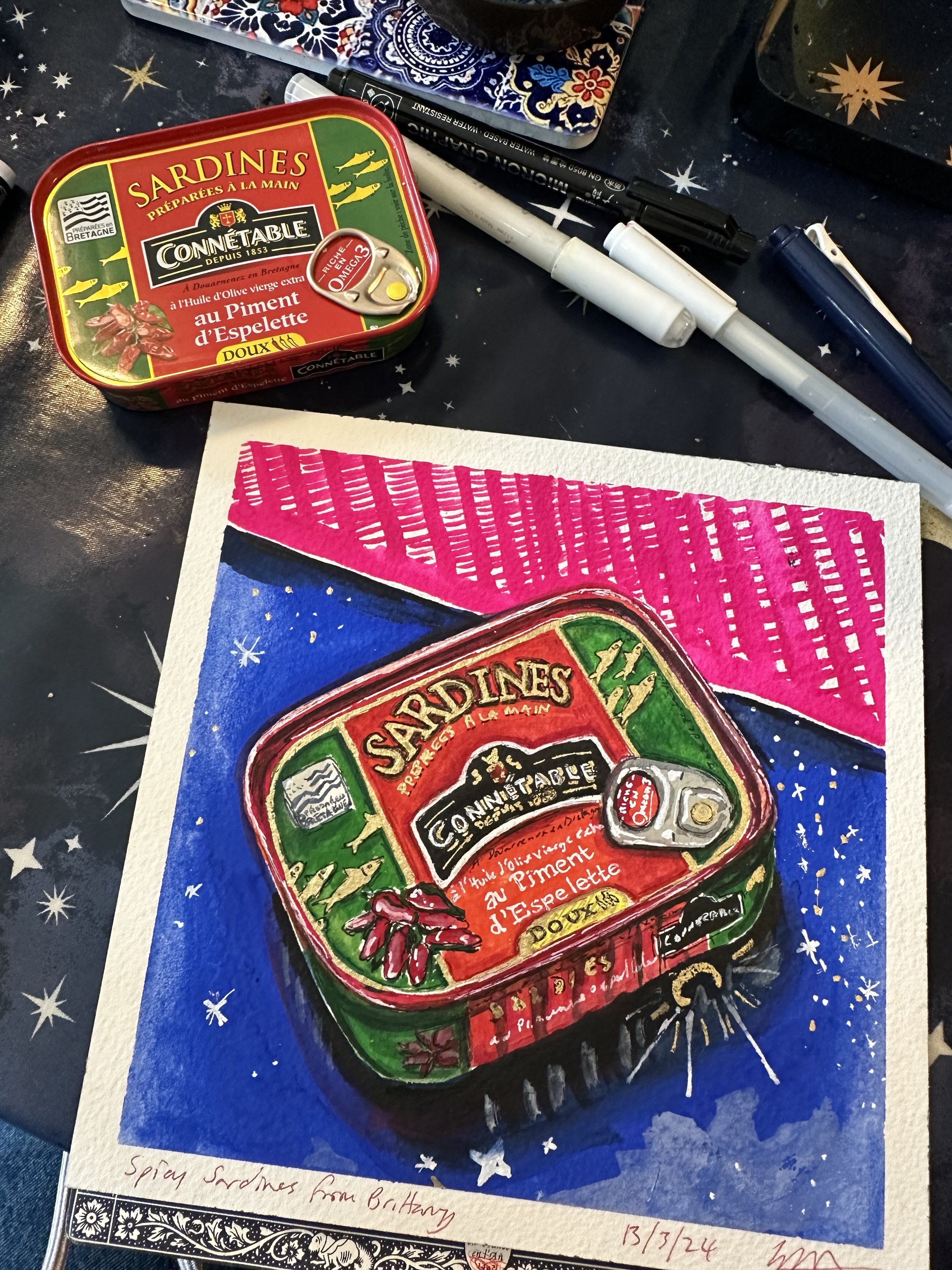 Lucy Caddel artist bright colourful gouache artwork painting on arches paper pink blue background French Sardines Connetable red green spicy chilli retro packaging tin sardinecore spicy chilly in progress.jpeg