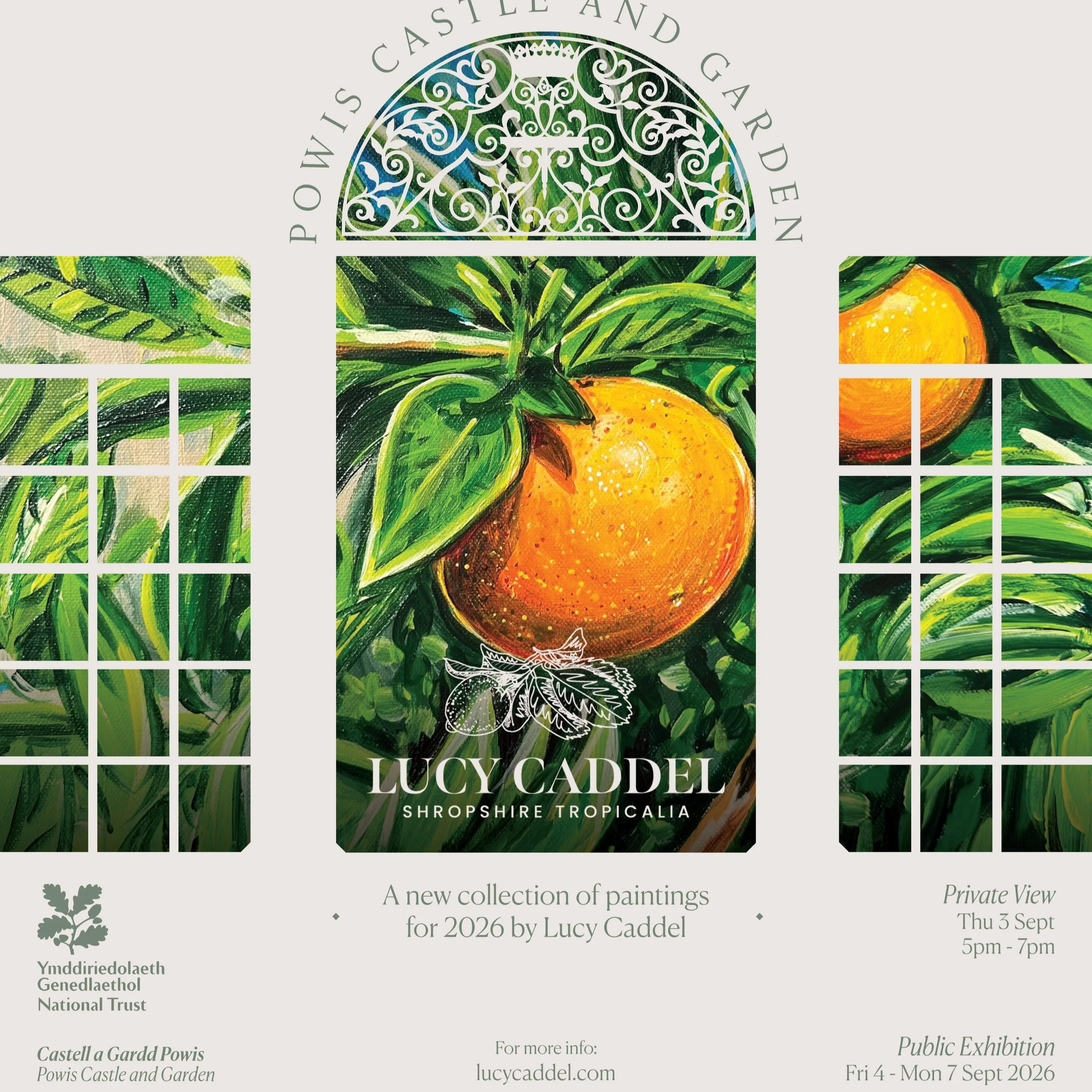 poster for preview of the orangery a show by Lucy Caddel at Powis Castle