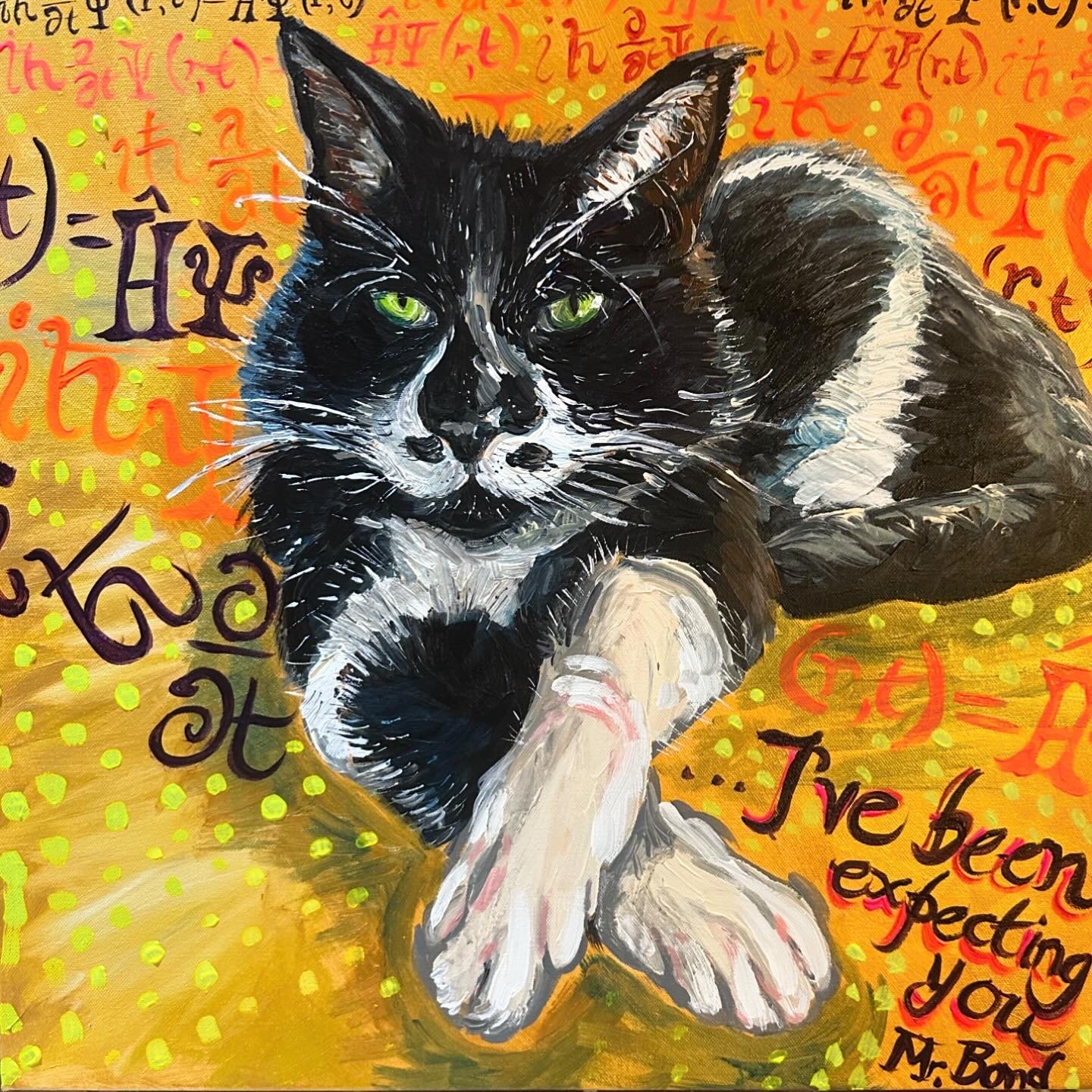 Lucy Caddel Pet portrait black and white cat acrylic painting Schrödinger character bright yellow orange.jpeg