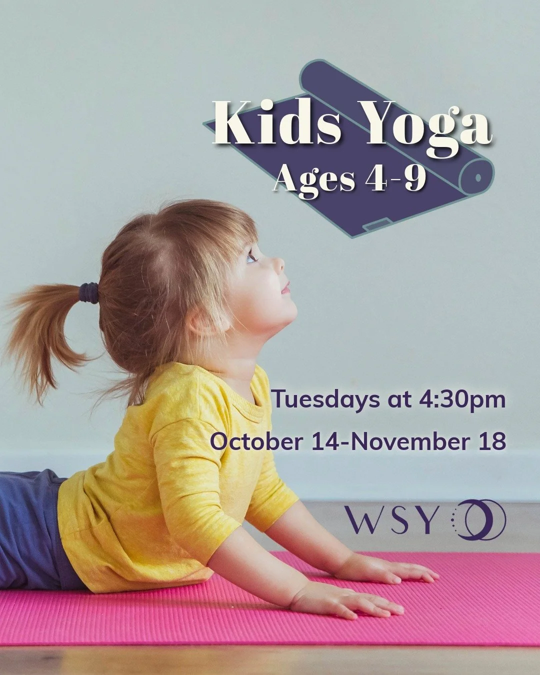 ✨ Kids Yoga! ✨ Starting Tuesday, October 14 at 4:30pm for ages 4-9.⠀
⠀
Led by Michelledana Shafran, this playful class will have kids stretching like tall trees, balancing like brave adventurers, and breathing like gentle dragons. Class will include 