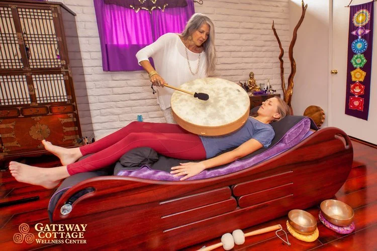 Valerie Irons performing sound healing with sacred instruments