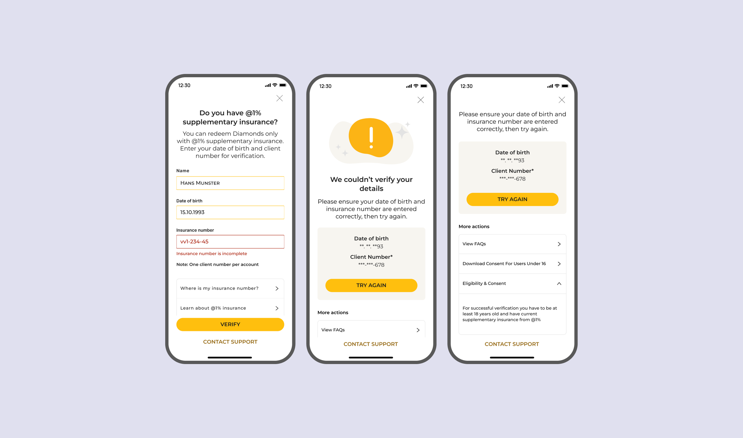 Verification flow UX redesign: GDPR-compliant client number entry, error states, support CTAs for regulated health app onboarding