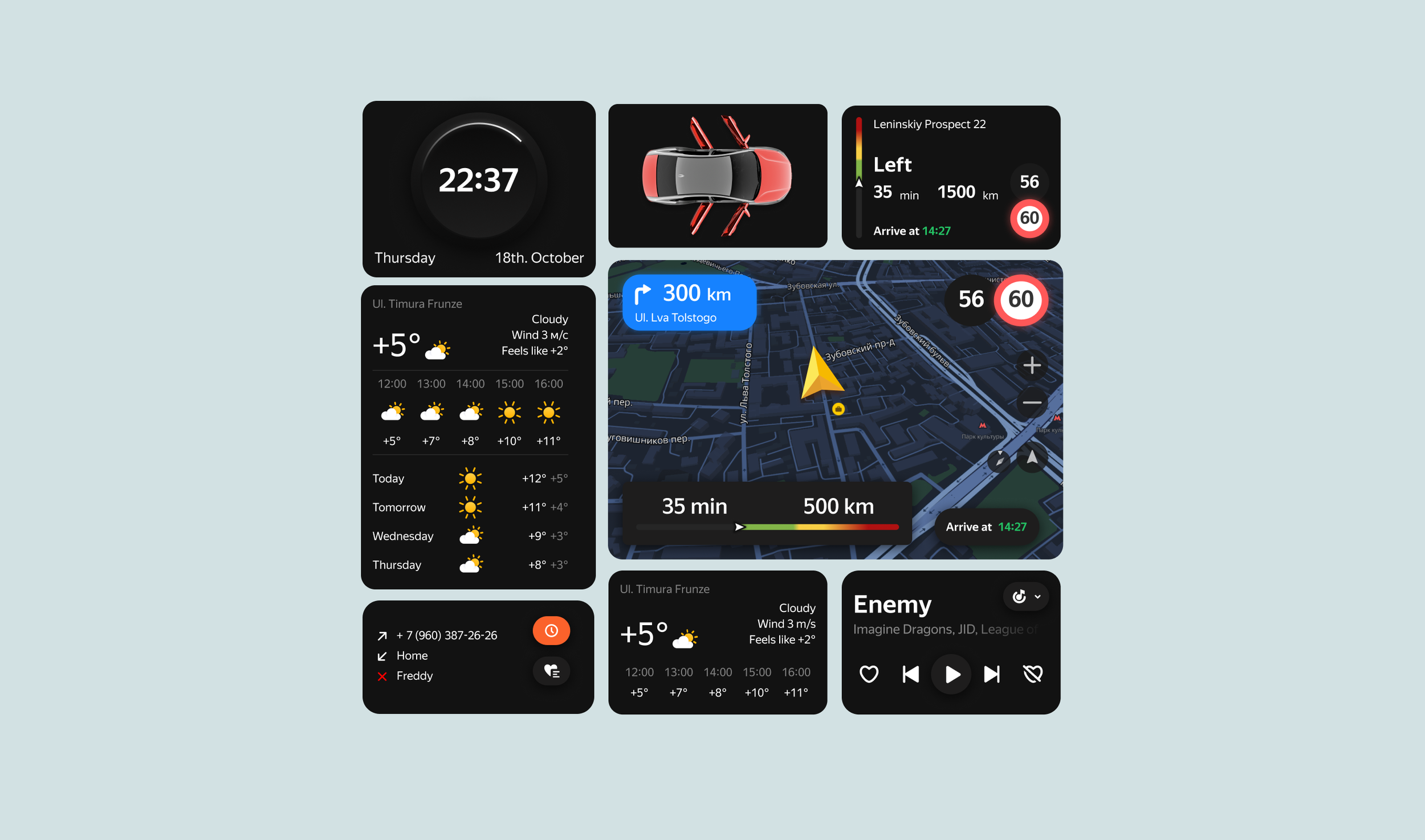 Yandex Auto mobile dashboard UX: Real-time navigation, weather, traffic, ETA displays for automotive app redesign