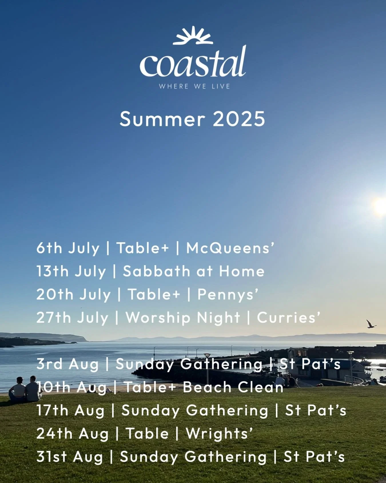 COASTAL | Gathering
We gather again this Sunday at St Pat’s Hall in Portrush, and East Strand Carpark is back open! We’d love to welcome you as we join to worship, pray and share together 🙏🏼
Tea and coffee served from 9.45 ☕️
Kids&rs