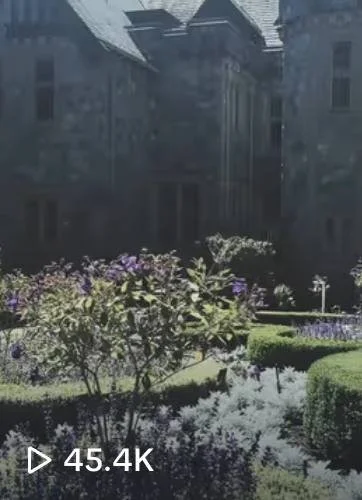 A garden with various plants and flowers in front of a stone building with multiple windows and a pointed roof.